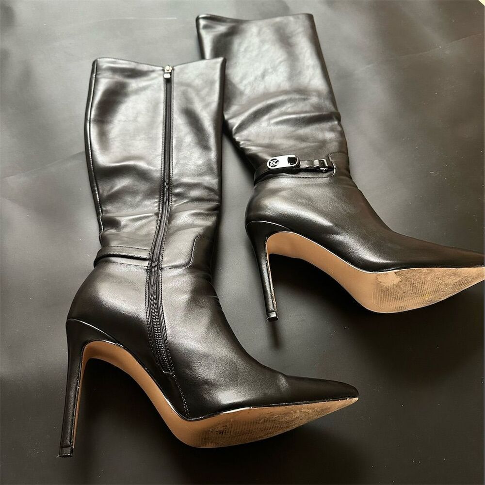 Women's Black Knee-High Stiletto Boots with Buckle Detail & Zipper